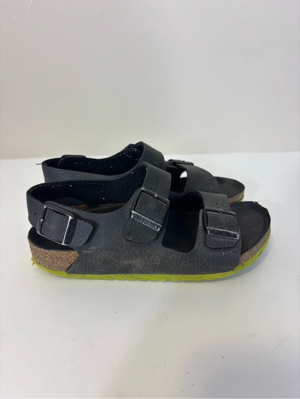 Birkenstock Kids Black Triple Buckle Sandals with Neon Green Sole Kids 13-13.5